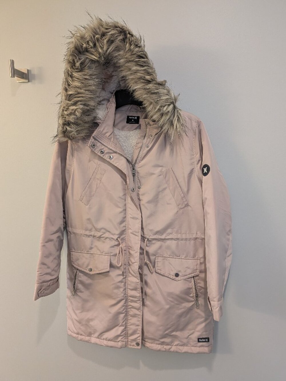 Hurley Dusty Pink Faux Fur Trim Hooded Parka Jacket Sherpa Lined Size M